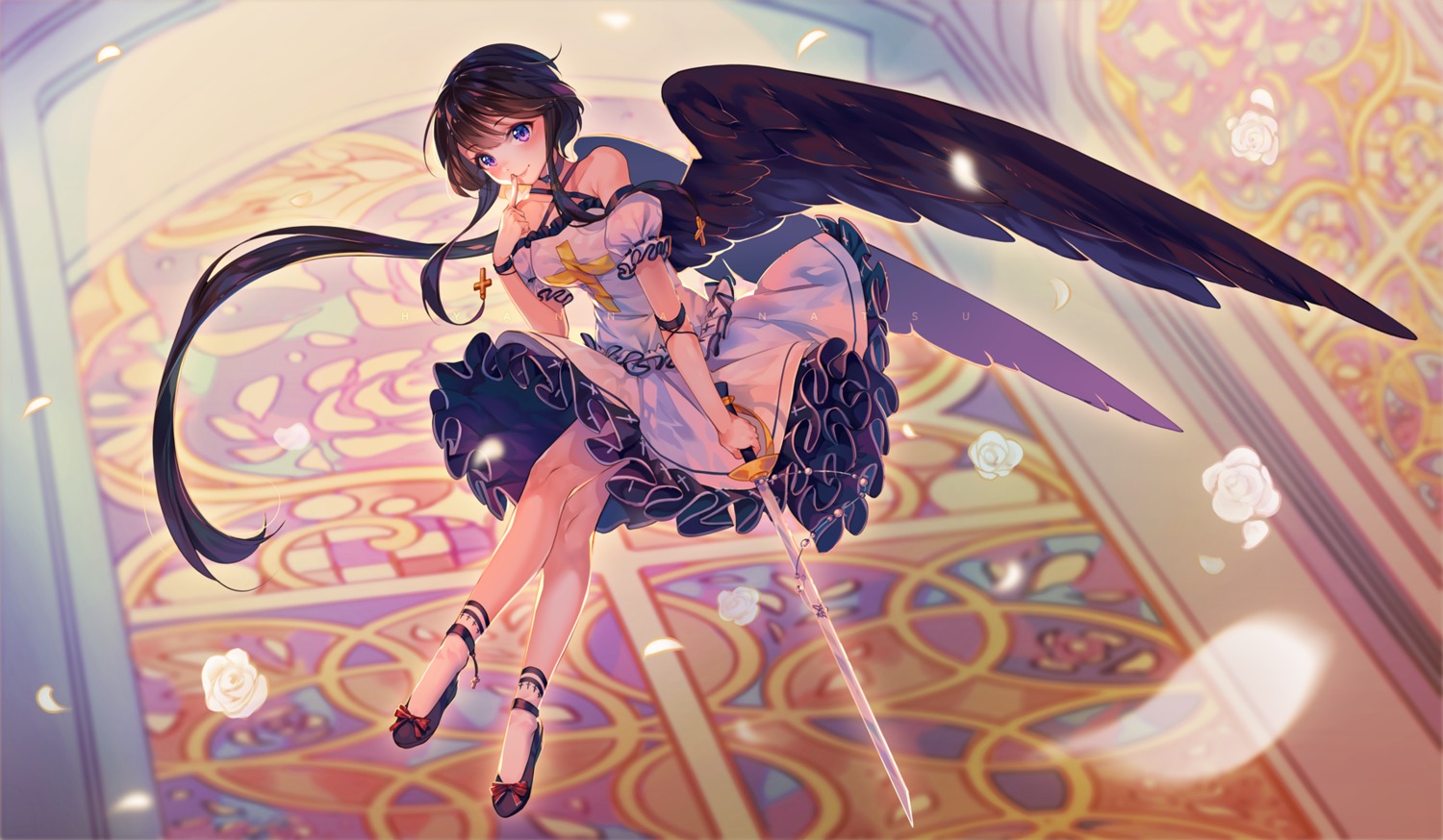 dress, hyanna-natsu, skirt_lift, sword, wings