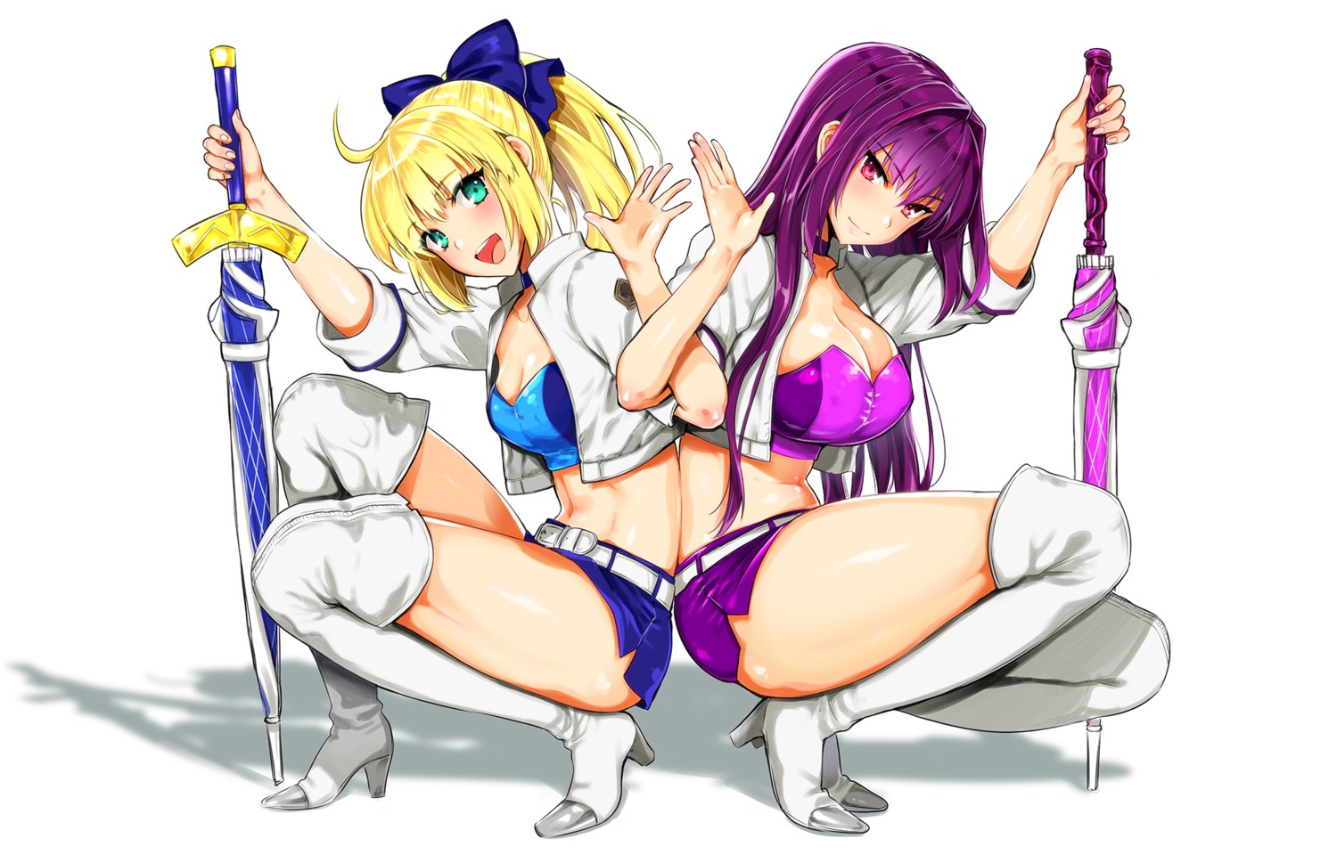 artoria_pendragon_(fate), cleavage, fate/grand_order, heels, kojima_saya, open_shirt, scathach_(fate), thighhighs