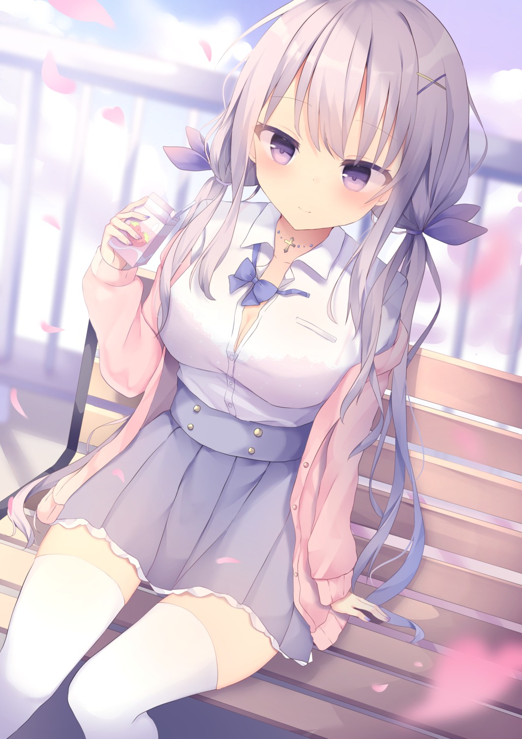 cleavage, open_shirt, seifuku, sweater, thighhighs, tsuruse