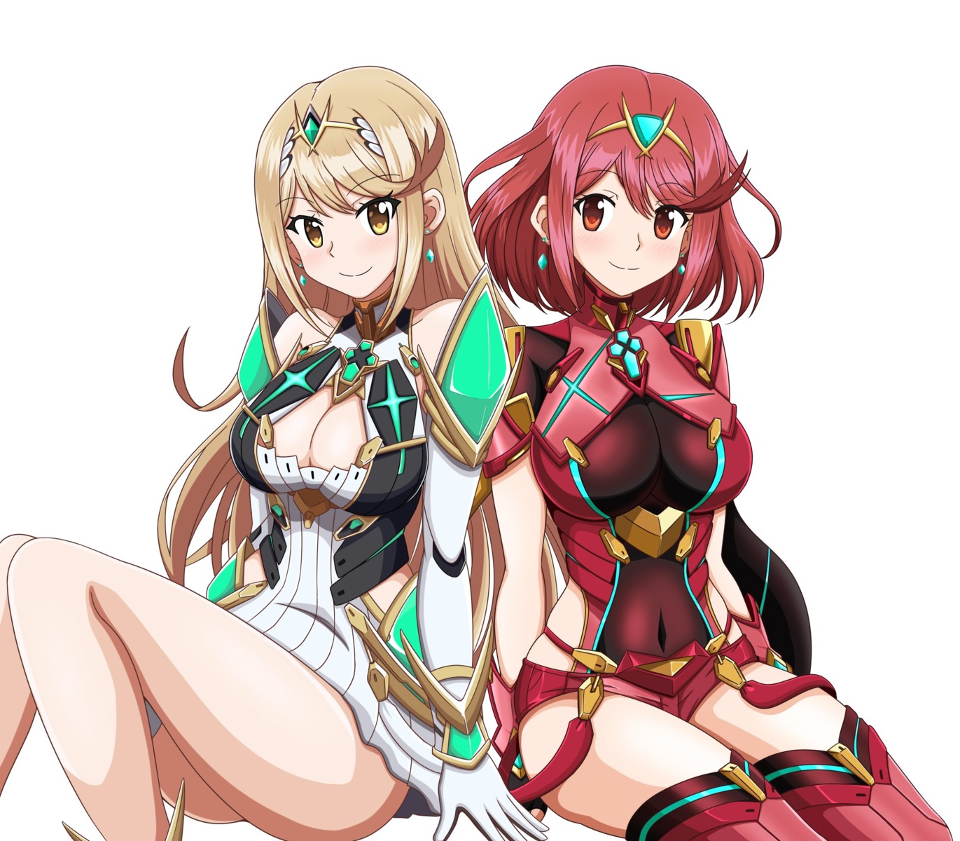 bodysuit, cleavage, dress, hikari_(xenoblade_2), homura_(xenoblade_2), kuro_hopper, thighhighs, xenoblade_(series), xenoblade_2