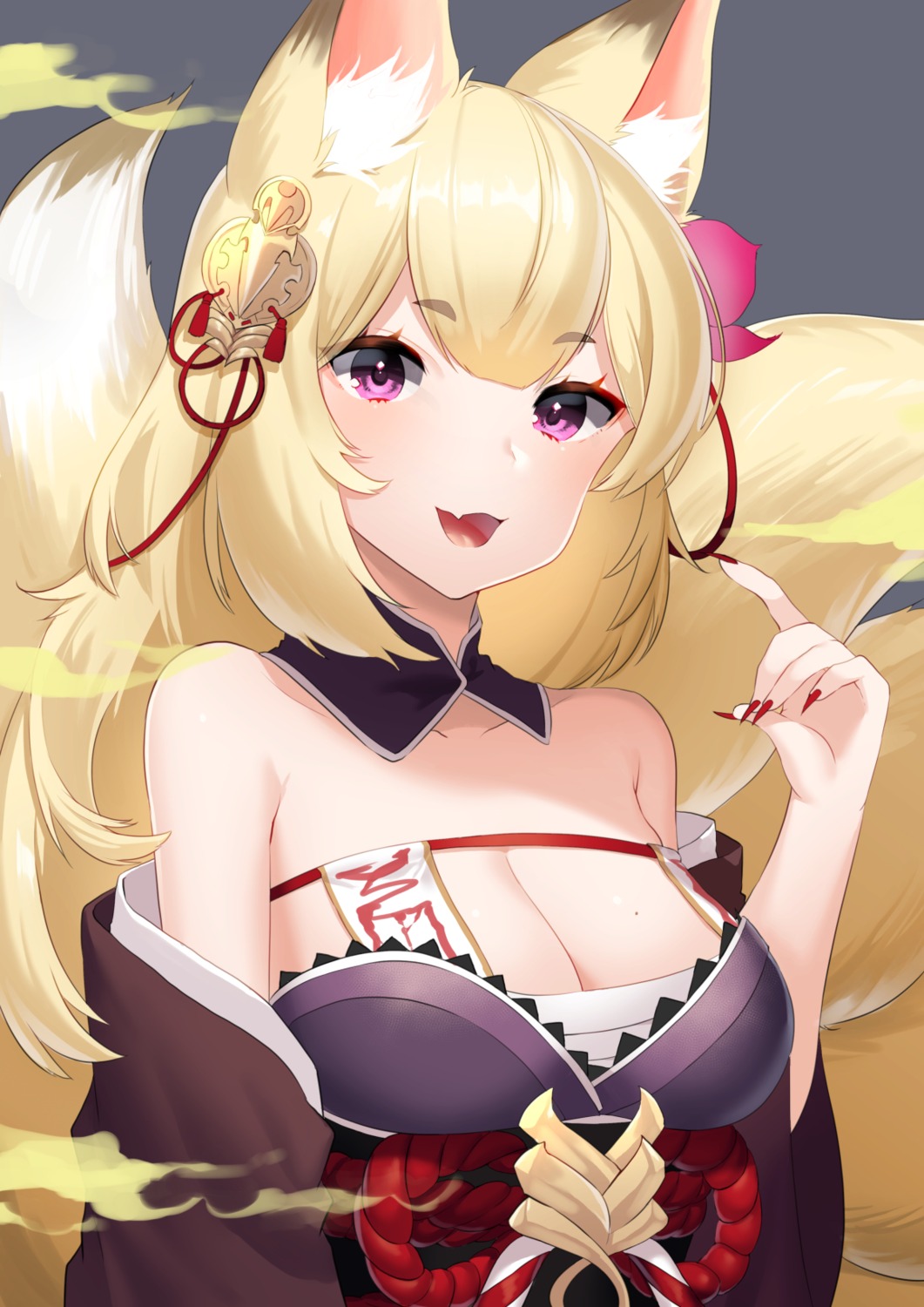 animal_ears, cleavage, heavens_sparrow, japanese_clothes, kitsune, sarashi, sennen_sensou_aigis, tail