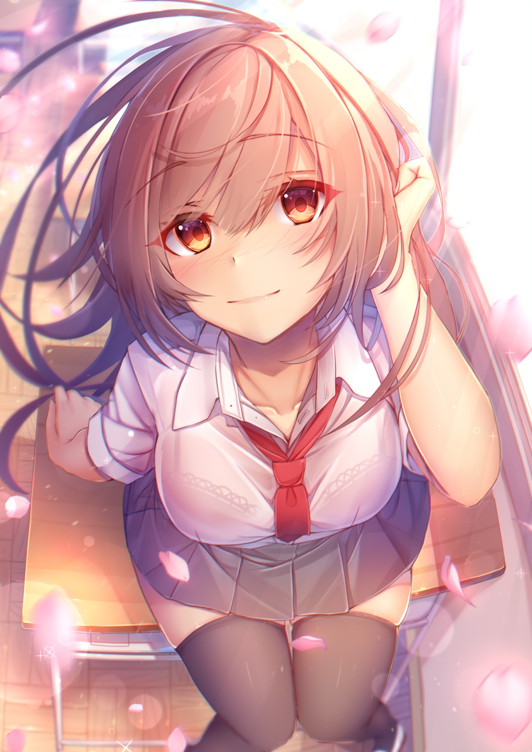 bra, see_through, seifuku, tatapopo, thighhighs