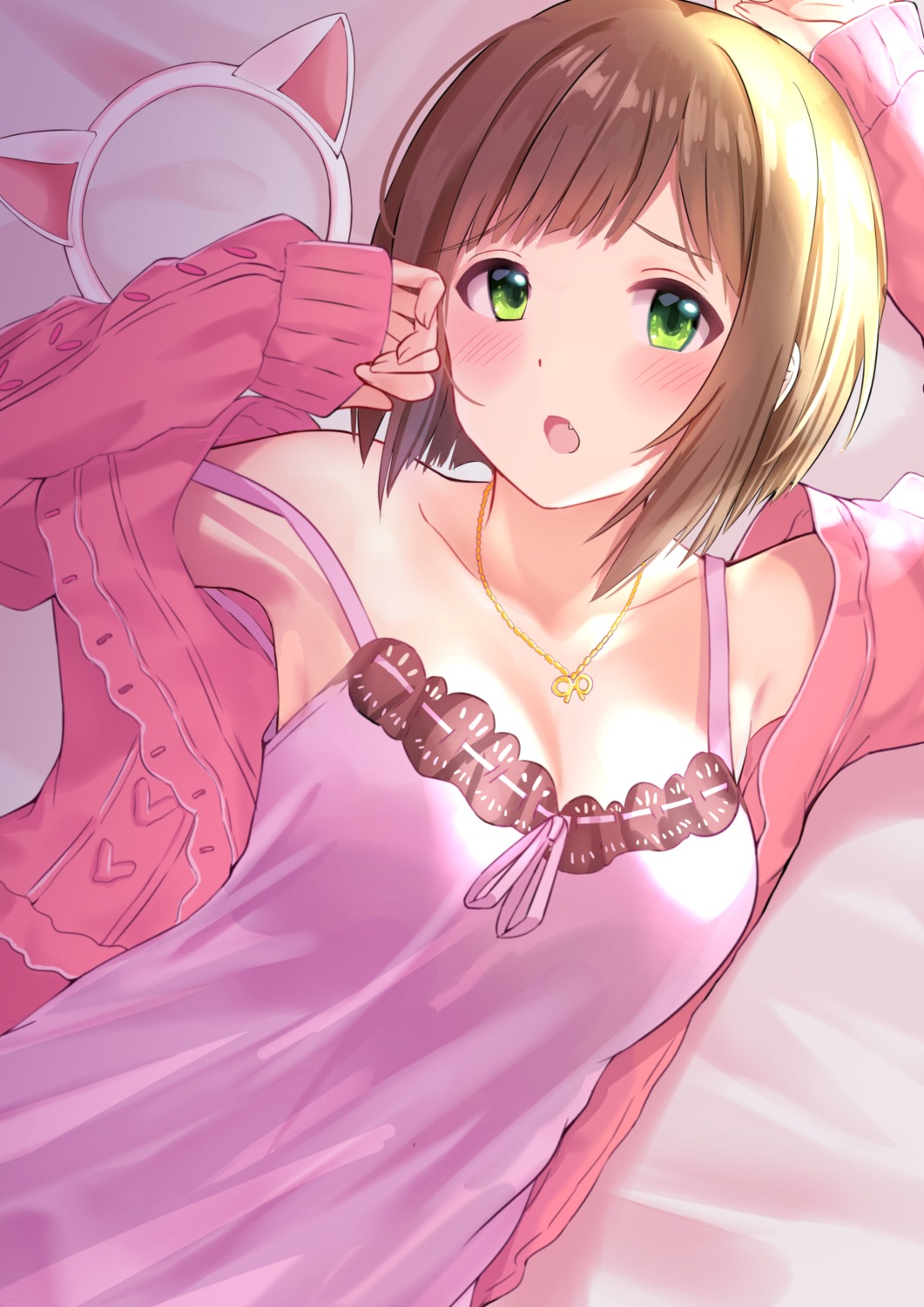 animal_ears, cleavage, koukoku, lingerie, maekawa_miku, nekomimi, open_shirt, sweater, the_idolm@ster, the_idolm@ster_cinderella_girls