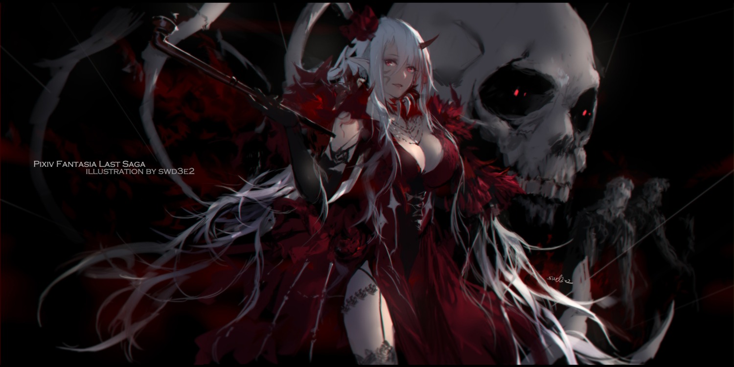 cleavage, dress, horns, pixiv_fantasia_last_saga, stockings, swd3e2, thighhighs