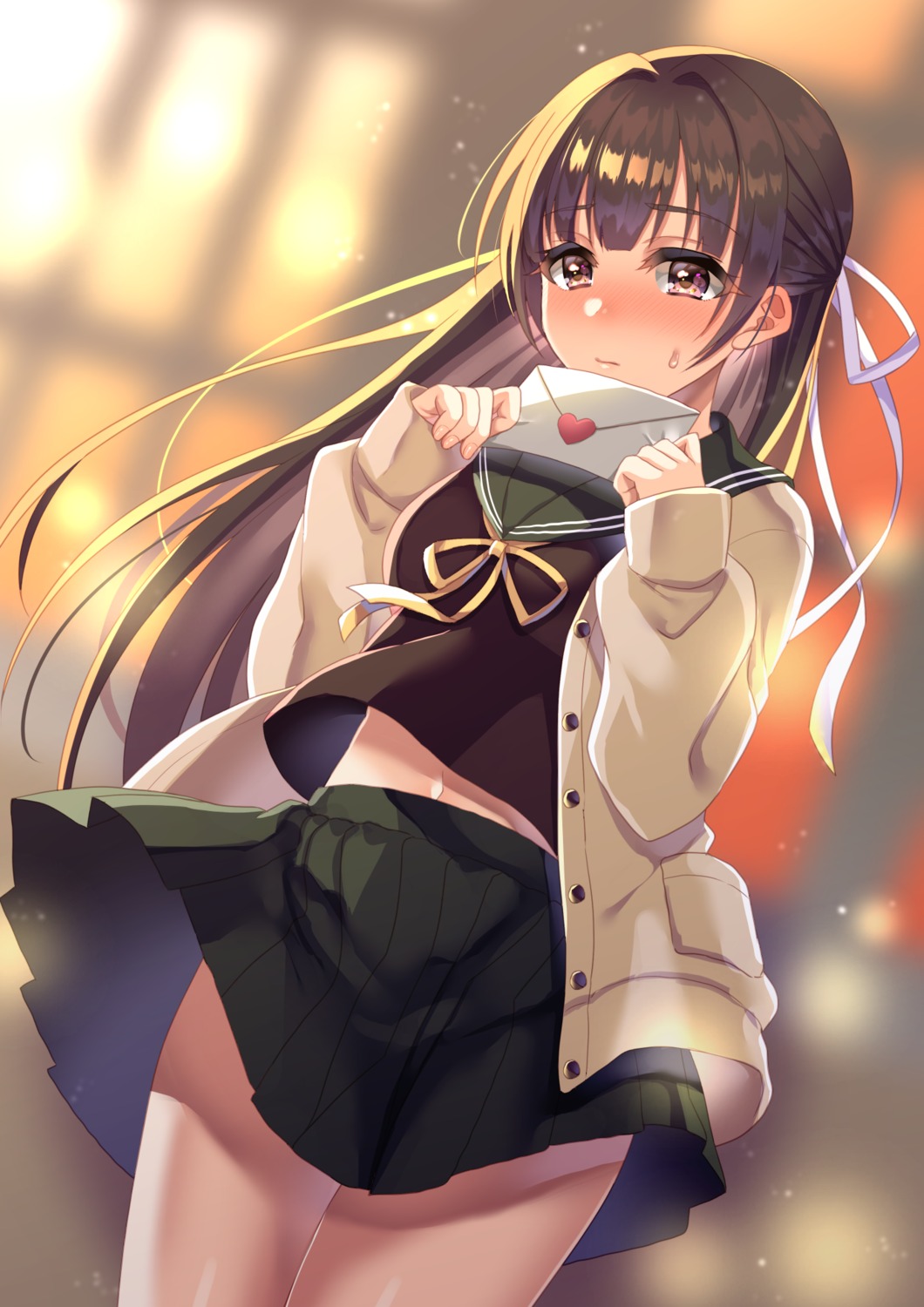 seifuku, shimatamago, skirt_lift, sweater, valentine