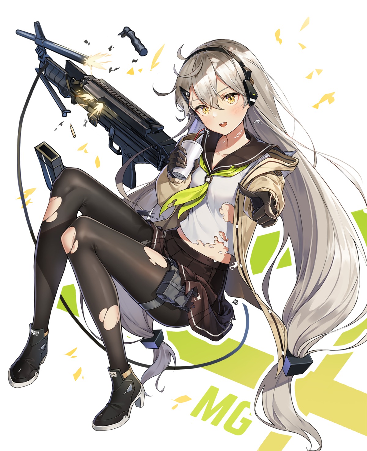 aliceblue, girls_frontline, gun, headphones, heels, mg4_(girls_frontline), pantyhose, seifuku