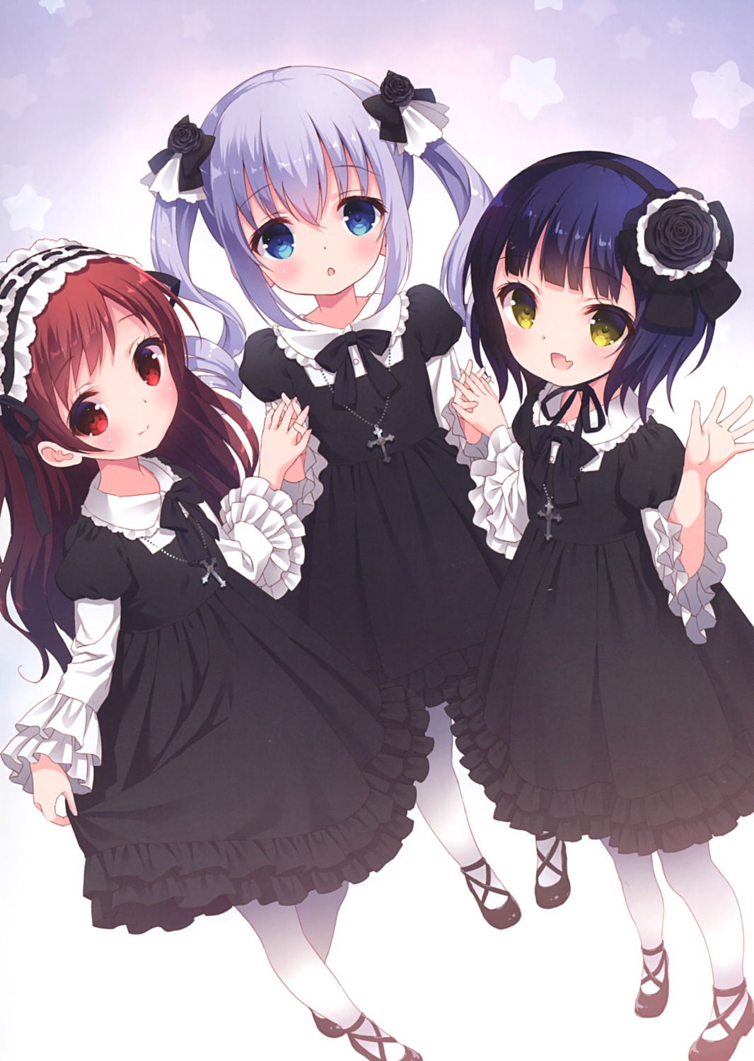 chitosezaka_suzu, dress, gochuumon_wa_usagi_desu_ka?, gothic_lolita, jouga_maya, kafuu_chino, legato, lolita_fashion, natsu_megumi, pantyhose