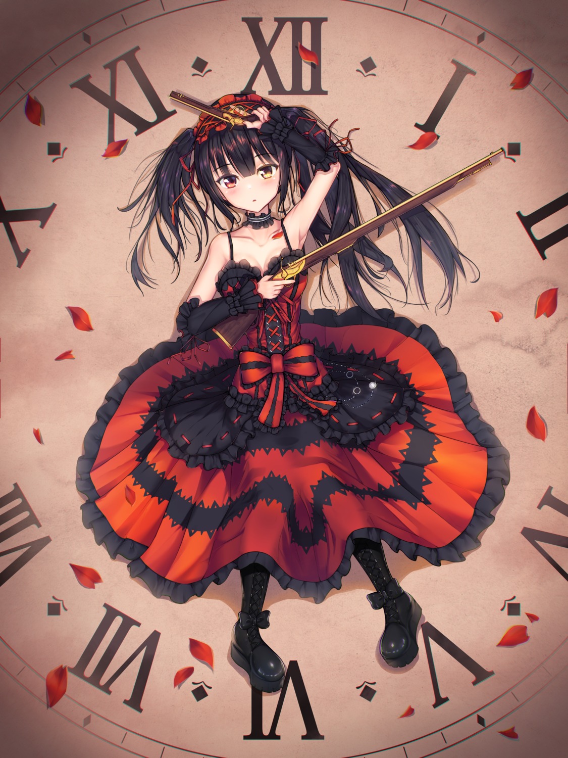 cleavage, date_a_live, dress, gothic_lolita, gun, hakushoku_n, heterochromia, lolita_fashion