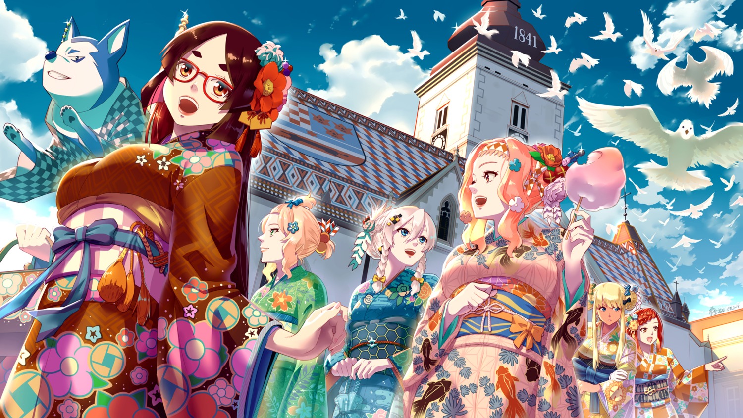 ge_xi, kimono, megane, wallpaper