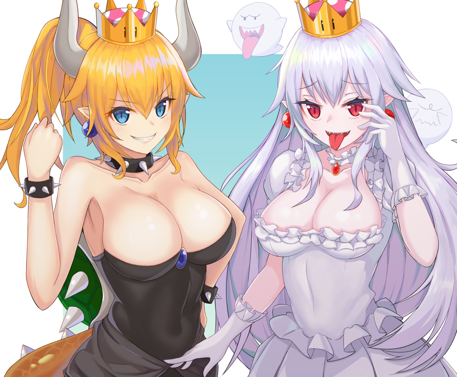 bowsette, cleavage, dress, horns, king_boo, new_super_mario_bros._u_deluxe, no_bra, pipipipyu