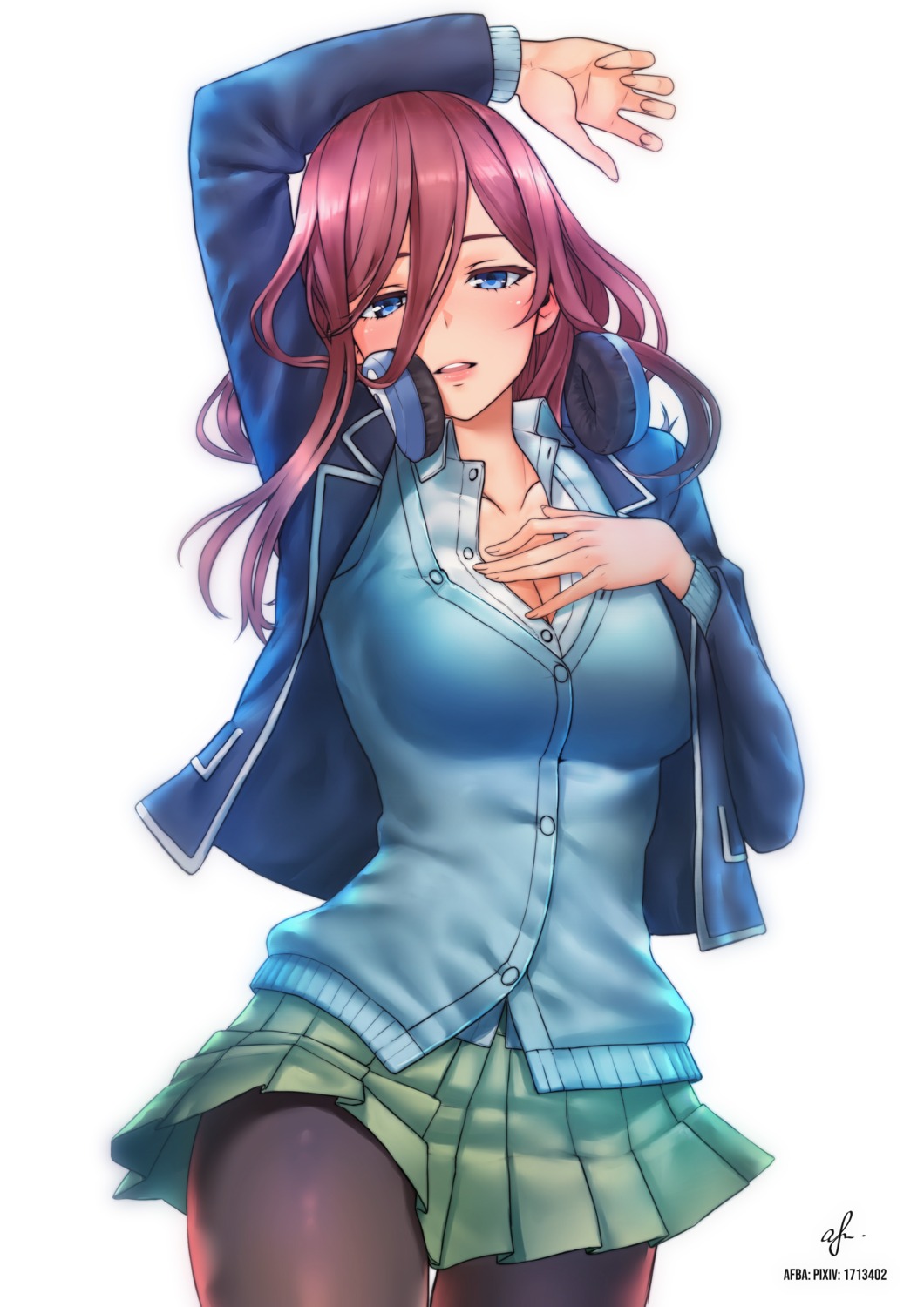 5-toubun_no_hanayome, afba, breast_hold, cleavage, headphones, nakano_miku, pantyhose, seifuku, sweater