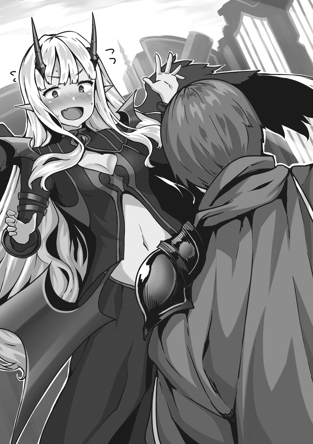 armor, cleavage, eve_(kaiyari), horns, kaifuku_jutsushi_no_yarinaoshi_sokushi_mahou_to_skill_copy_no_chouetsu_heal, keyaru, monochrome, pointy_ears