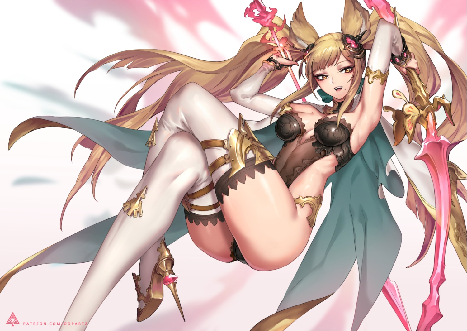 animal_ears, cleavage, granblue_fantasy, heels, leotard, oopartz_yang, thighhighs, weapon