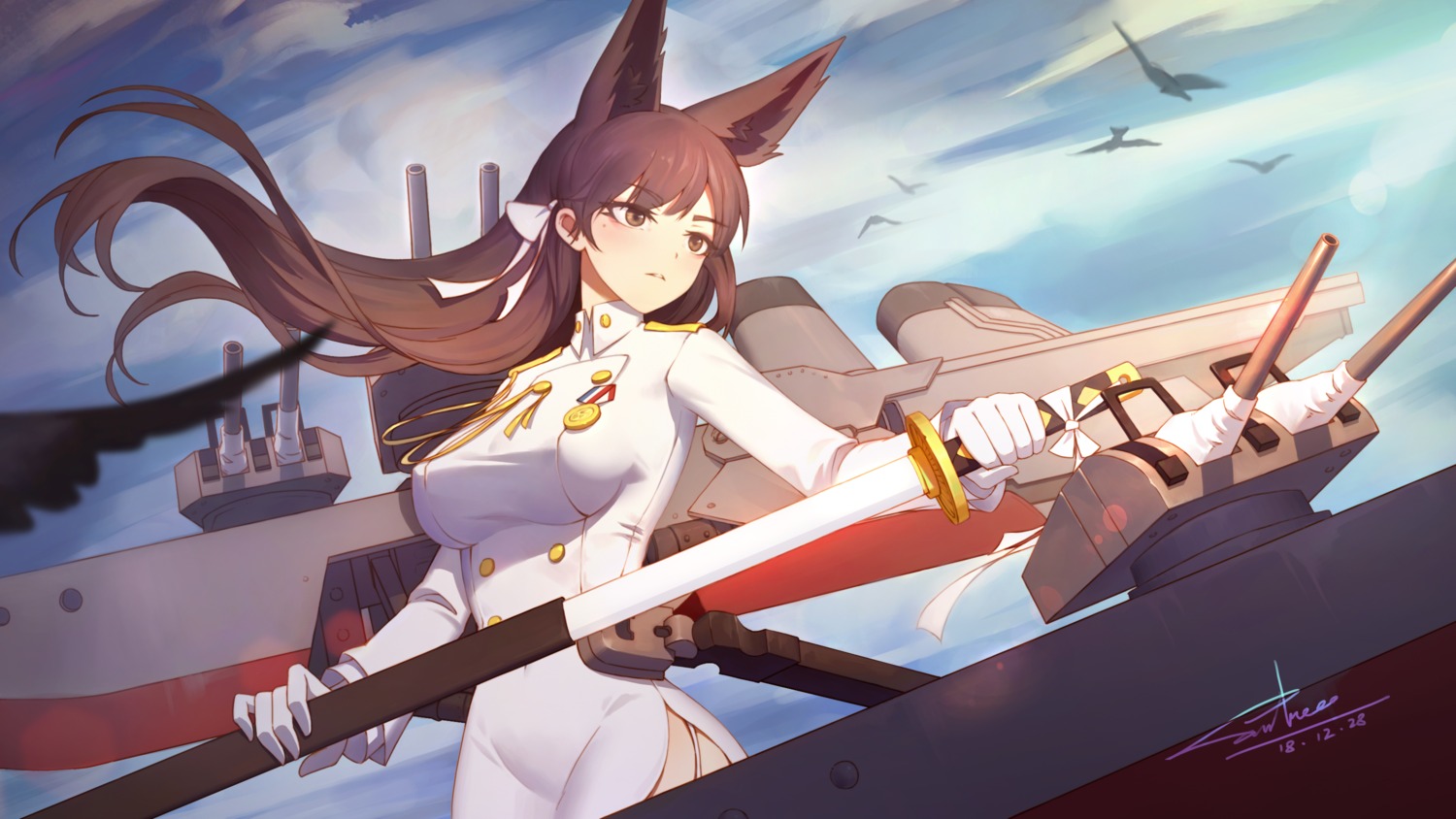 animal_ears, atago_(azur_lane), azur_lane, sword, uniform, xiaoxiao_nanjue_buyaokeng