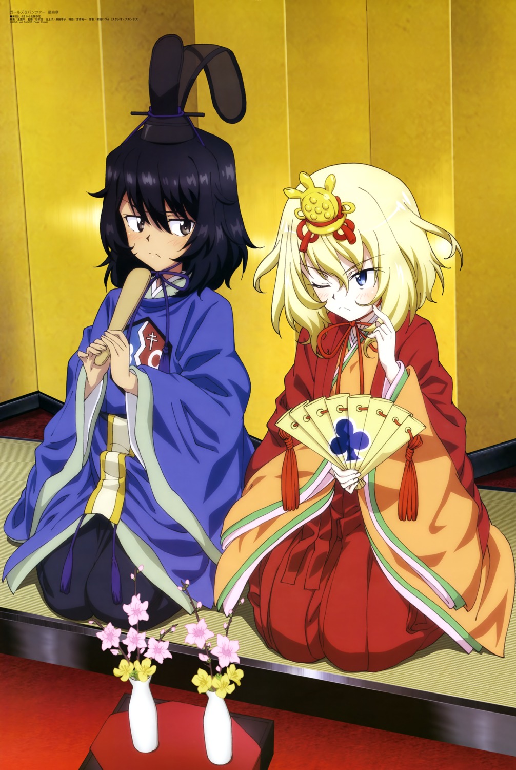 andou_rena, crossdress, girls_und_panzer, japanese_clothes, oshida_ruka, wang_guonian, yuri