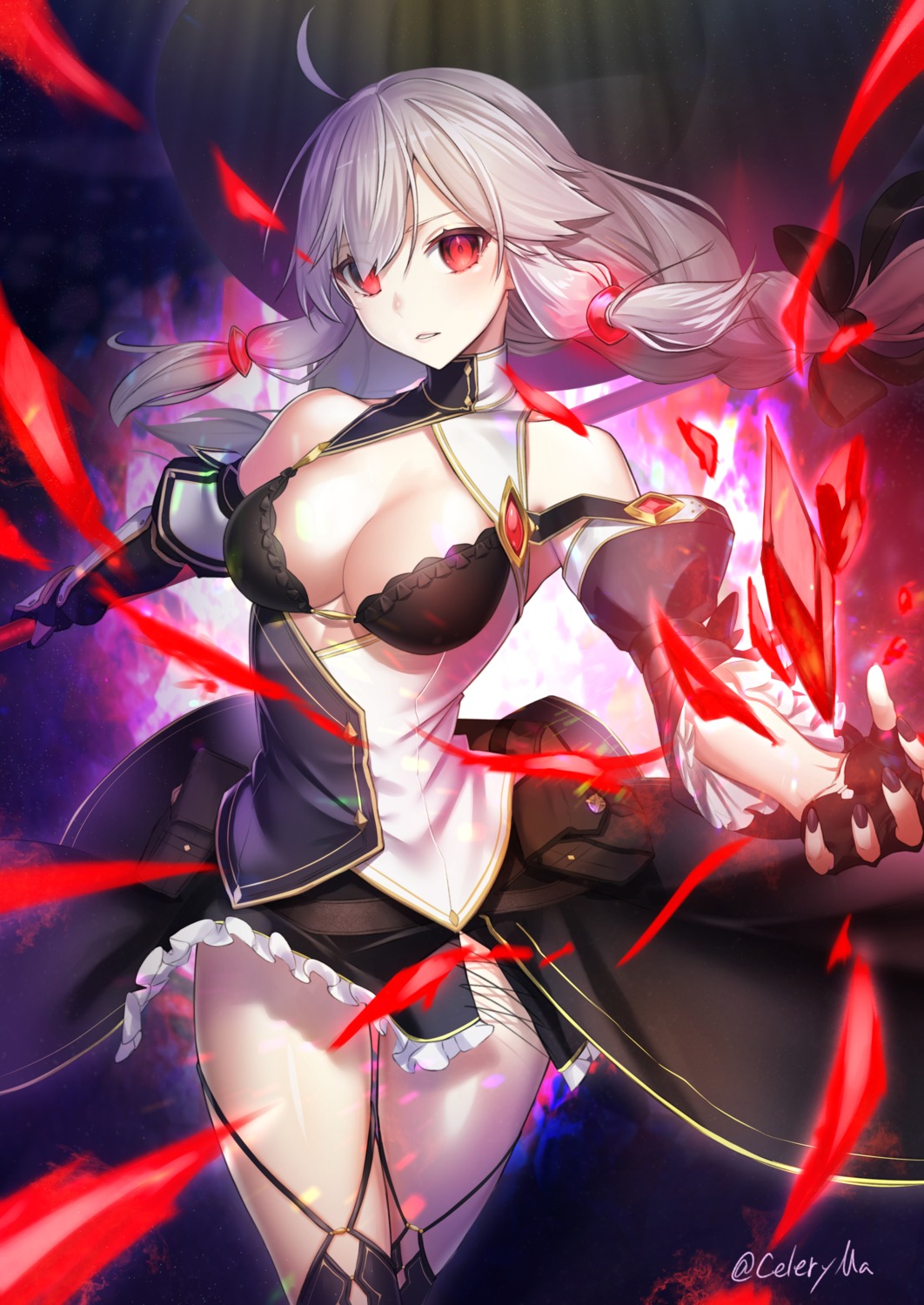 armor, celeryma, cleavage, no_bra, skirt_lift, thighhighs, weapon