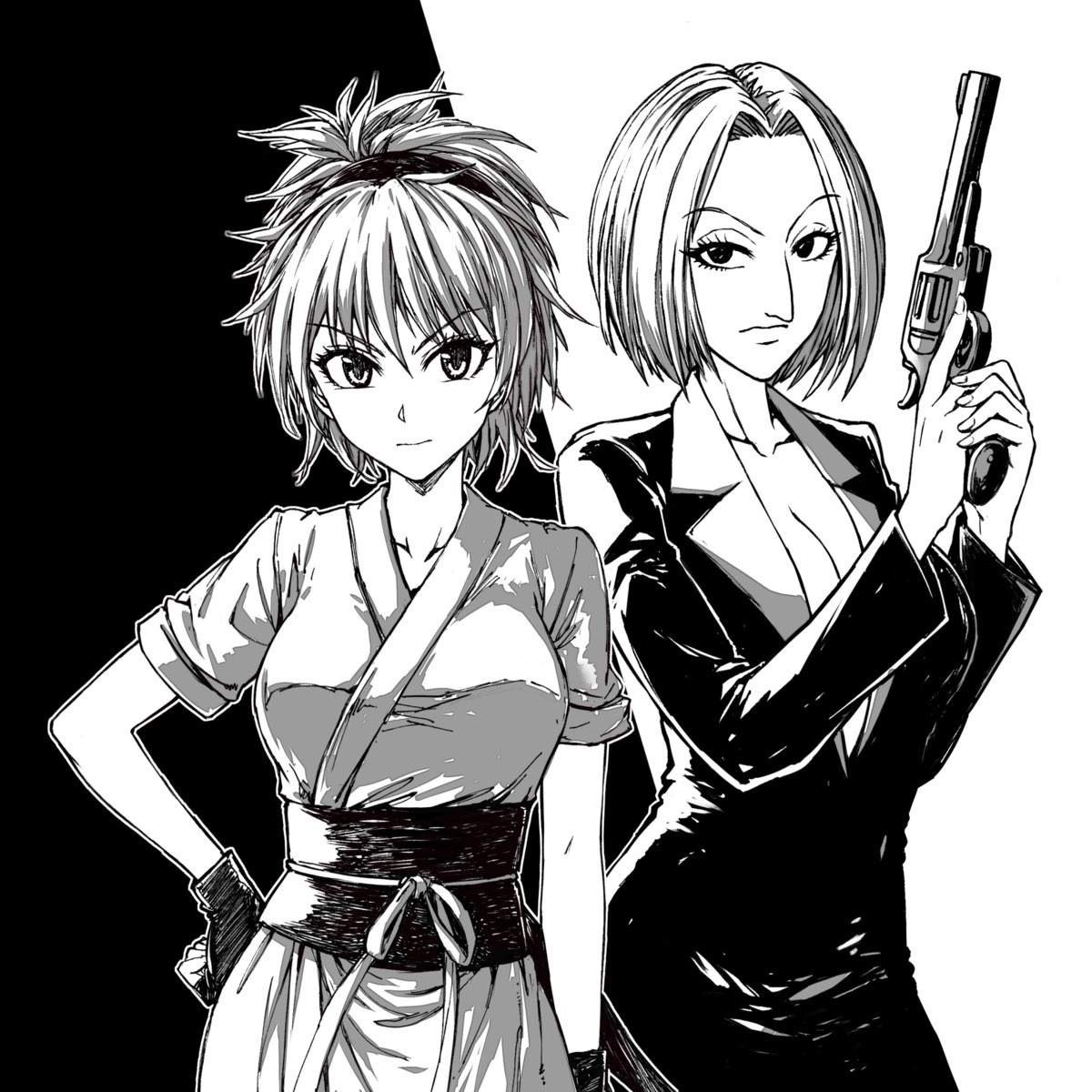 business_suit, cleavage, fish.boy, gun, hunter_x_hunter, japanese_clothes, machi_komacine, no_bra, open_shirt, pakunoda
