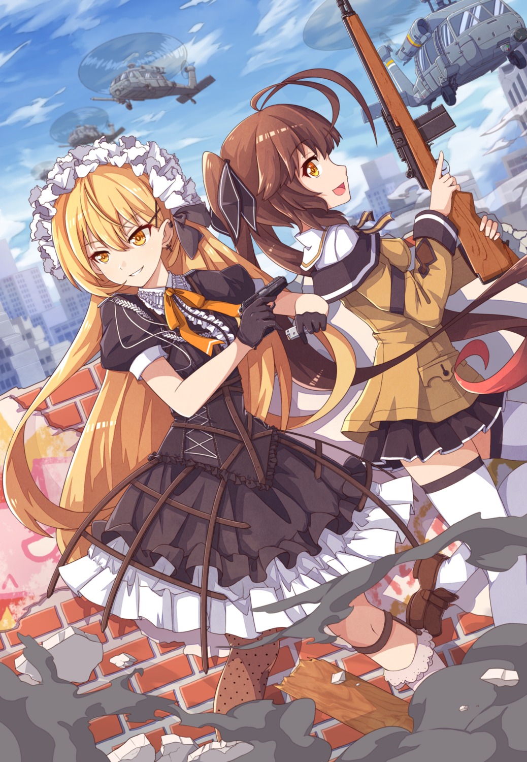 dress, girls_frontline, gothic_lolita, gun, kaiyi, lolita_fashion, m14_(girls_frontline), ppk_(girls_frontline), seifuku, thighhighs