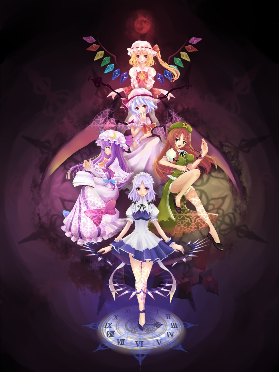 flandre_scarlet, haou, hong_meiling, izayoi_sakuya, maid, patchouli_knowledge, remilia_scarlet, touhou, wings