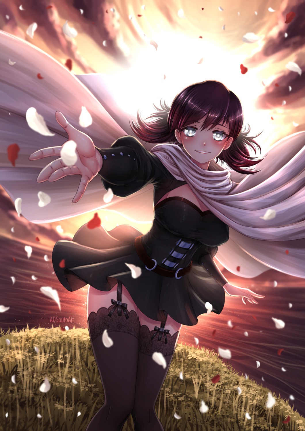adsouto, cleavage, rwby, skirt_lift, stockings, summer_rose, thighhighs