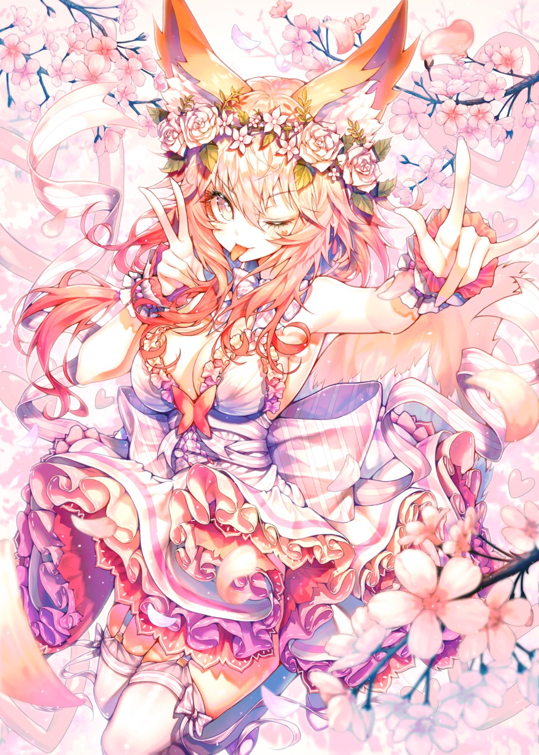 animal_ears, cleavage, dress, fate/grand_order, kitsune, skirt_lift, soback, stockings, tail, tamamo_no_mae, thighhighs