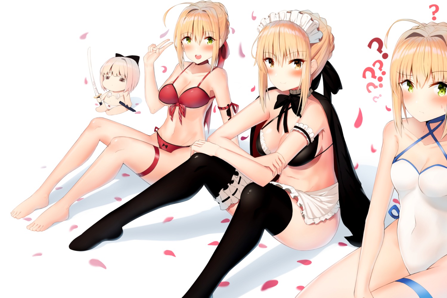 artoria_pendragon_(fate), artoria_pendragon_alter_(fate), bikini, chibi, cleavage, fate/grand_order, garter, maid, miamuly, nero_claudius_(fate), okita_souji_(fate), swimsuits, sword, thighhighs