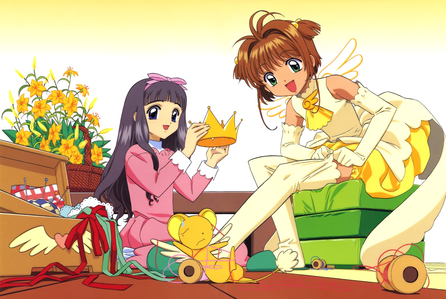 card_captor_sakura, daidouji_tomoyo, dress, kerberos, kinomoto_sakura, madhouse, suzuki_norimitsu, thighhighs