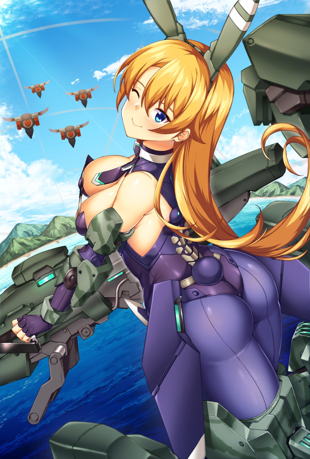 alice_gear_aegis, animal_ears, ass, bodysuit, bunny_girl, business_suit, merufena, tail, virginia_glynnberets, weapon