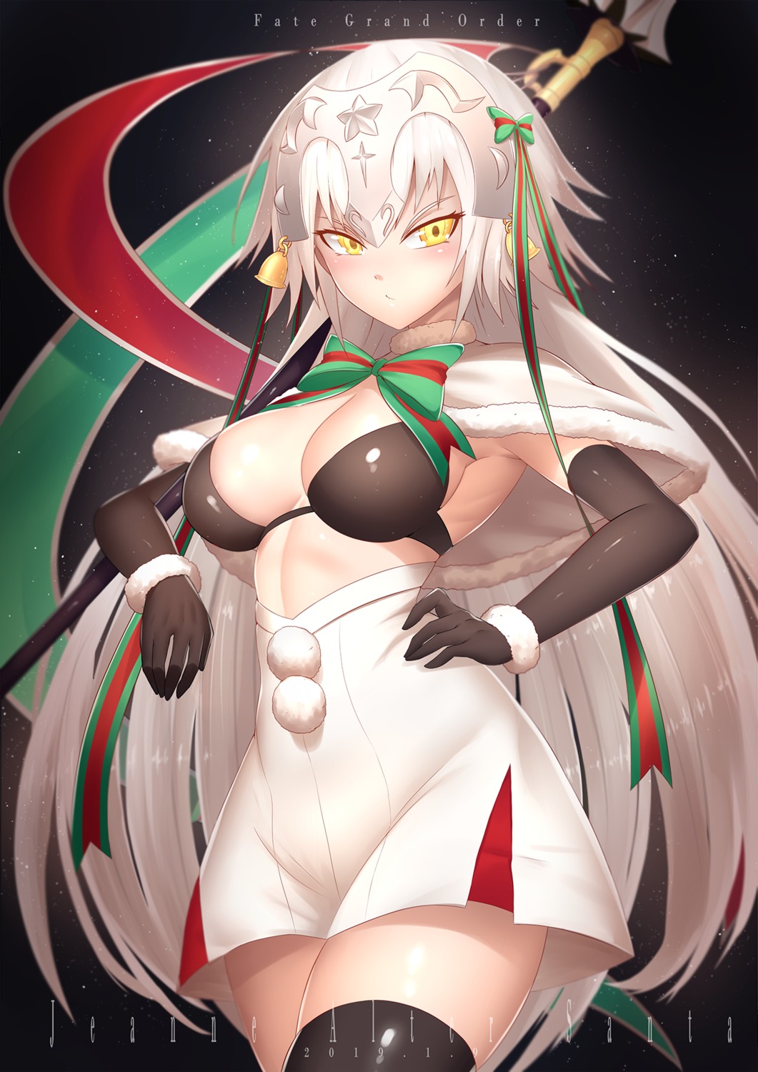 bra, bu_li, cosplay, fate/grand_order, jeanne_d'arc, jeanne_d'arc_alter_(fate), jeanne_d'arc_alter_santa_lily, thighhighs, weapon