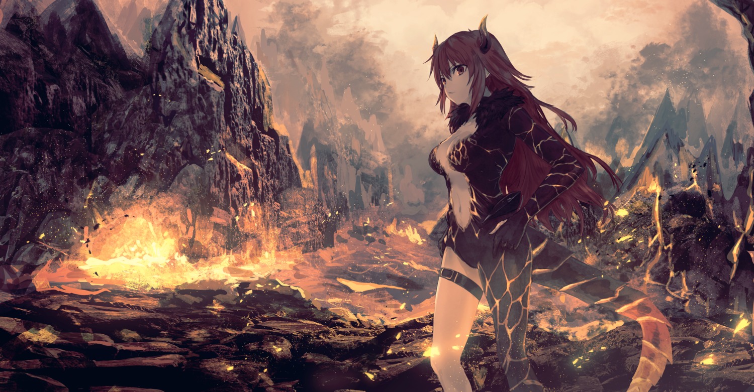 cleavage, garter, horns, kumamoto_nomii-kun, landscape, nijisanji, no_bra, tail