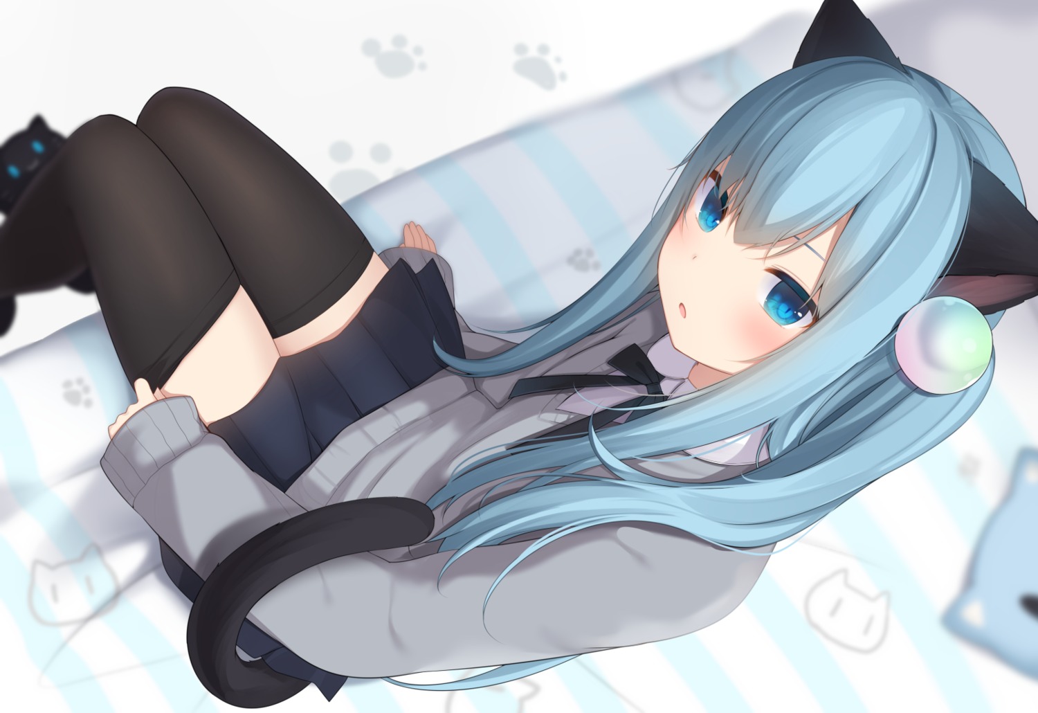 amashiro_natsuki, animal_ears, nekoha_shizuku, nekomimi, seifuku, sweater, tail, thighhighs