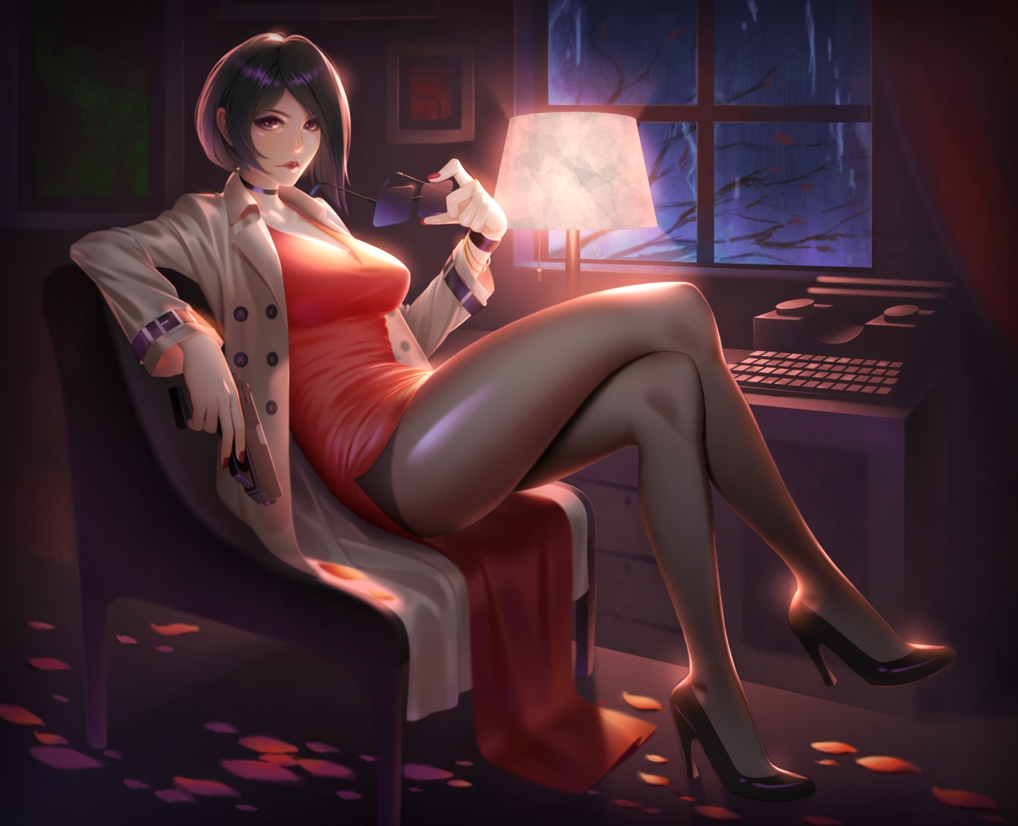 ada_wong, dress, gun, heels, louis_hung, megane, pantyhose, resident_evil