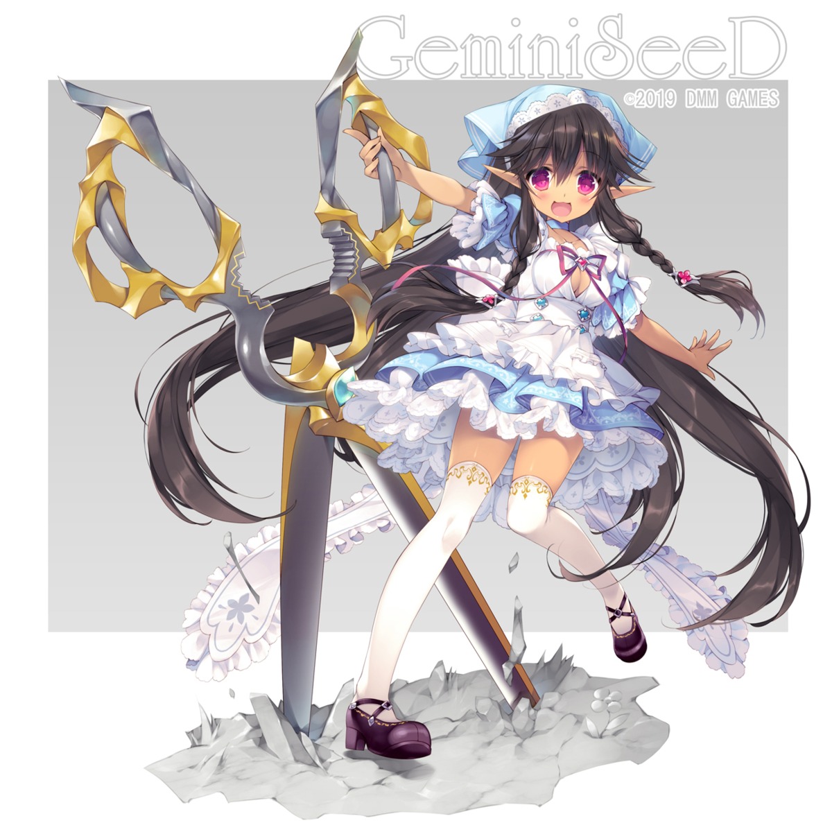 cleavage, gemini_seed, heels, no_bra, pointy_ears, satsuki_misuzu, thighhighs, weapon