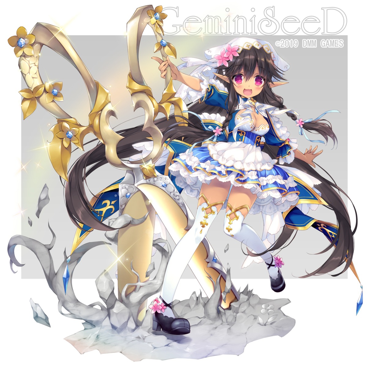 cleavage, gemini_seed, heels, pointy_ears, satsuki_misuzu, thighhighs, weapon