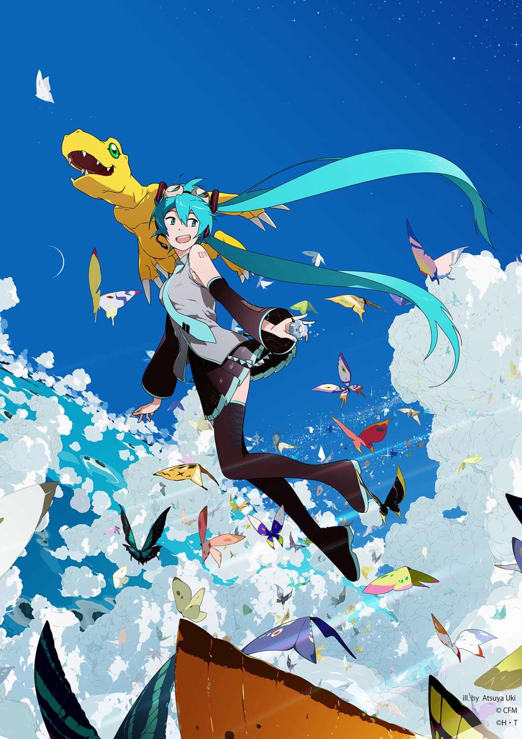 agumon, crossover, digimon_adventure, hatsune_miku, headphones, skirt_lift, tattoo, thighhighs