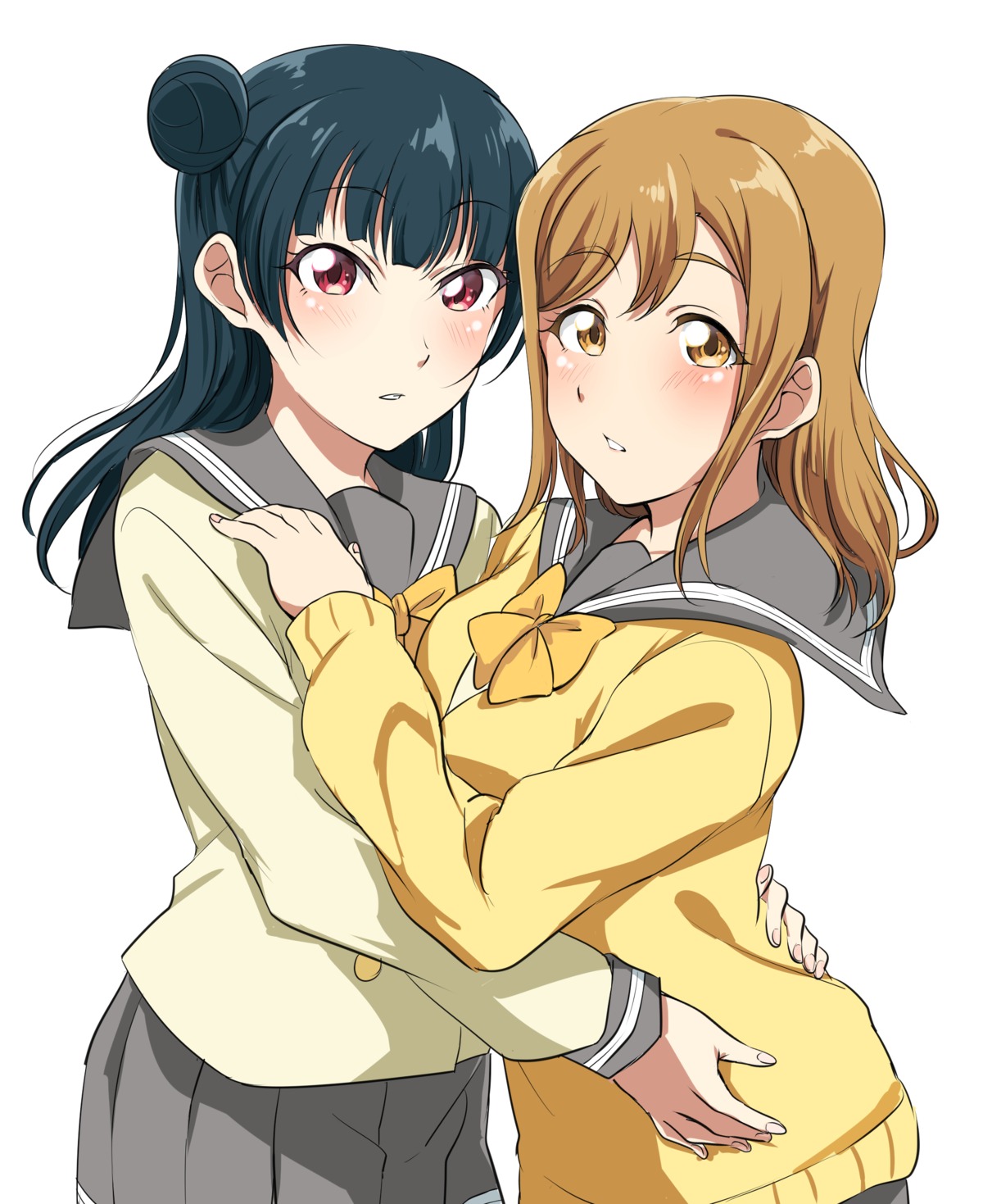 kunikida_hanamaru, love_live!_(series), love_live!_sunshine!!, seifuku, sweater, tsushima_yoshiko, vorupi, yuri