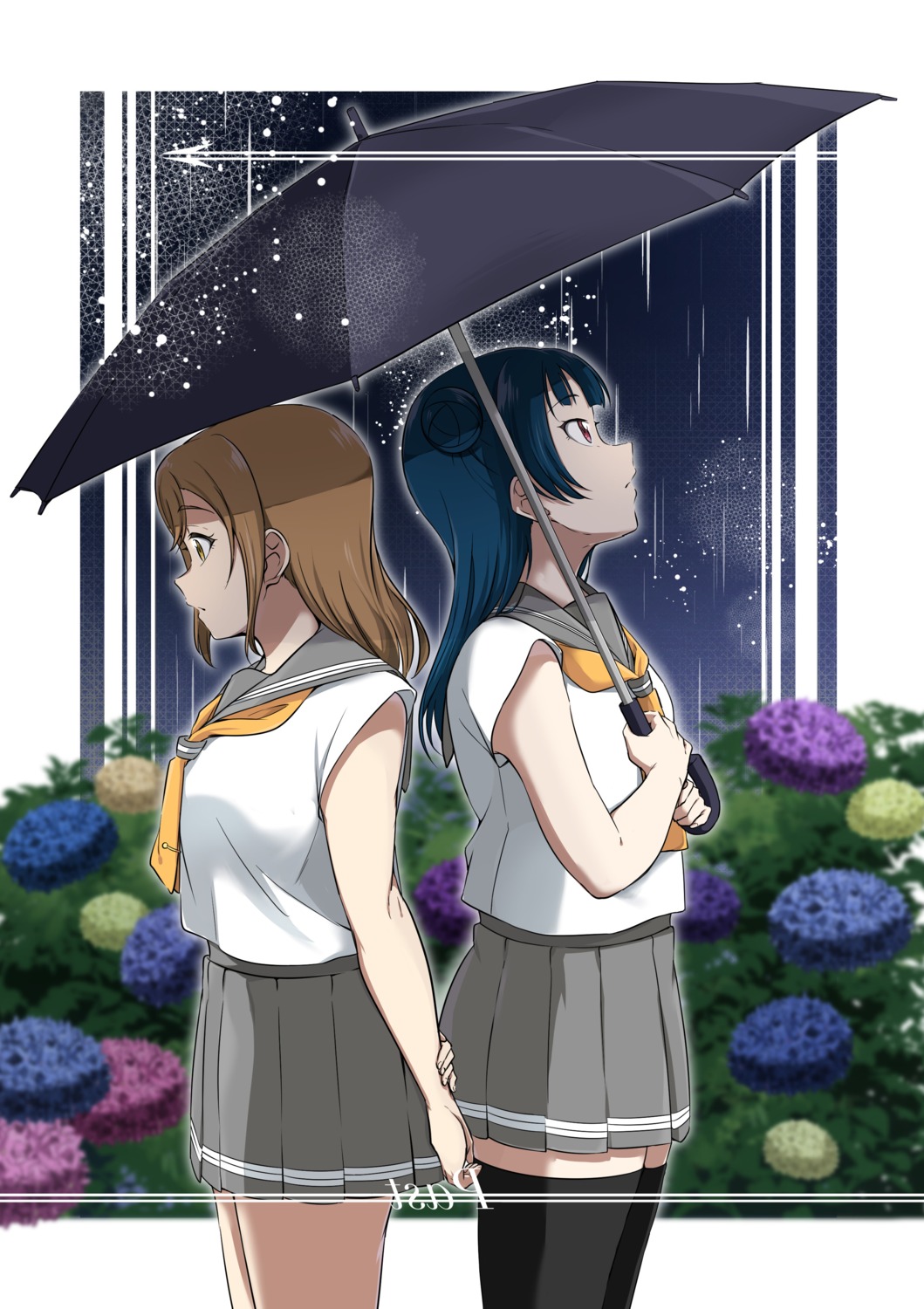 kunikida_hanamaru, love_live!_(series), love_live!_sunshine!!, seifuku, thighhighs, tsushima_yoshiko, umbrella, vorupi