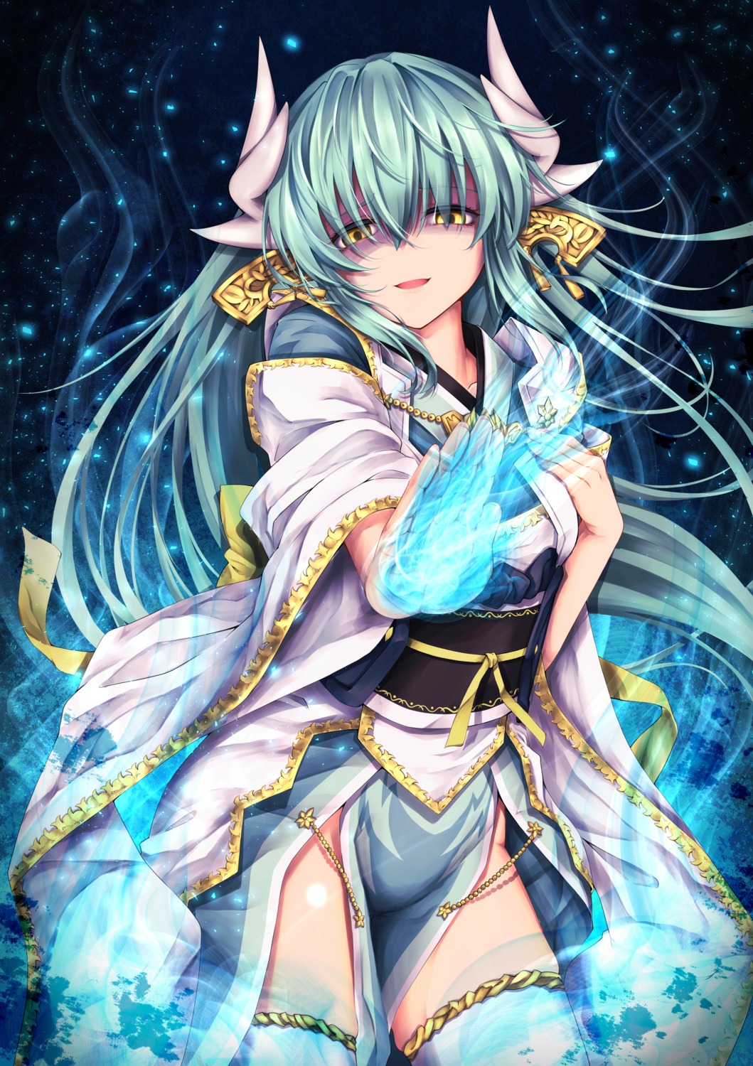 fate/grand_order, horns, japanese_clothes, kiyohime_(fate), kuromu, thighhighs