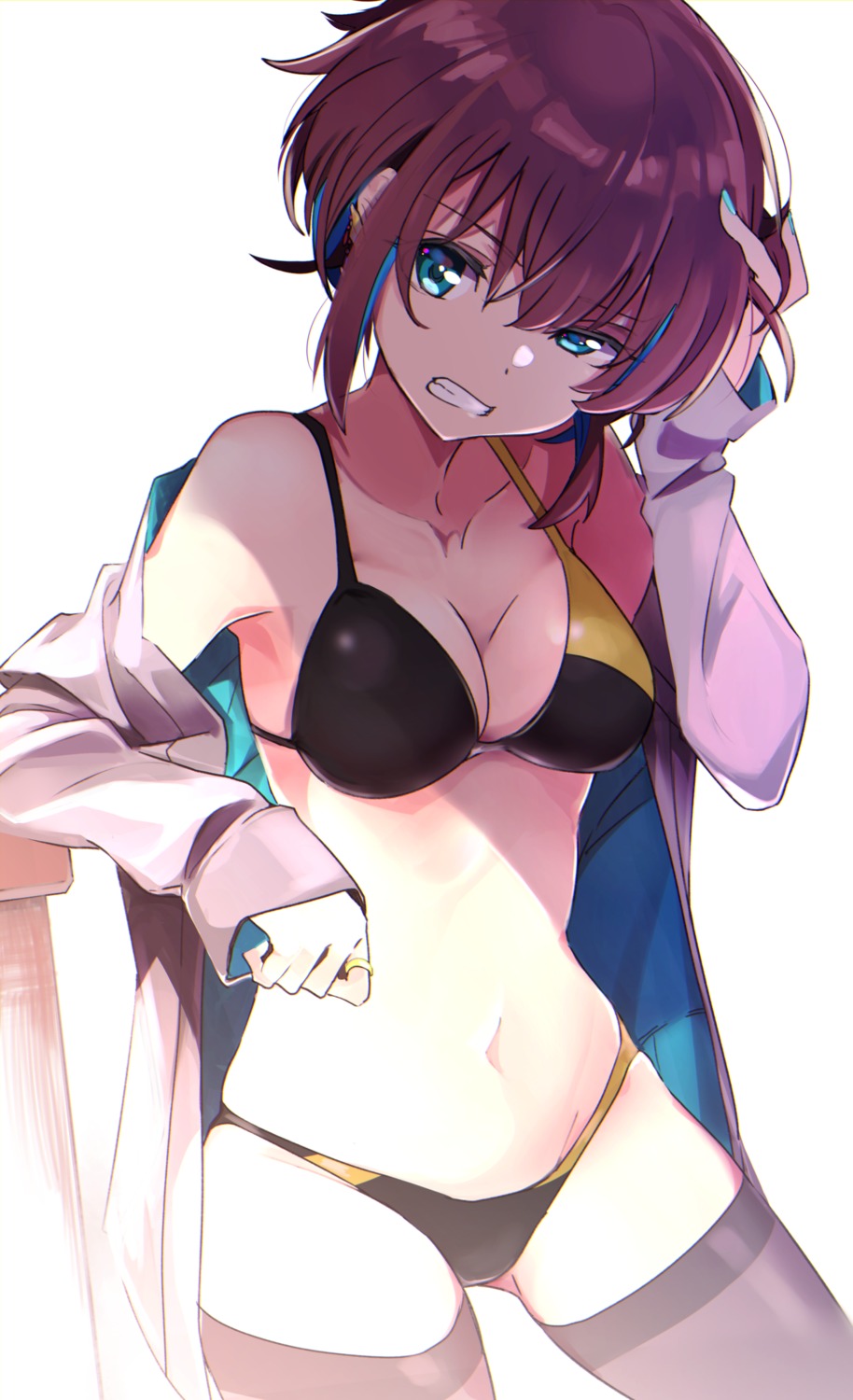 bikini, cleavage, kazenoko, open_shirt, swimsuits, thighhighs