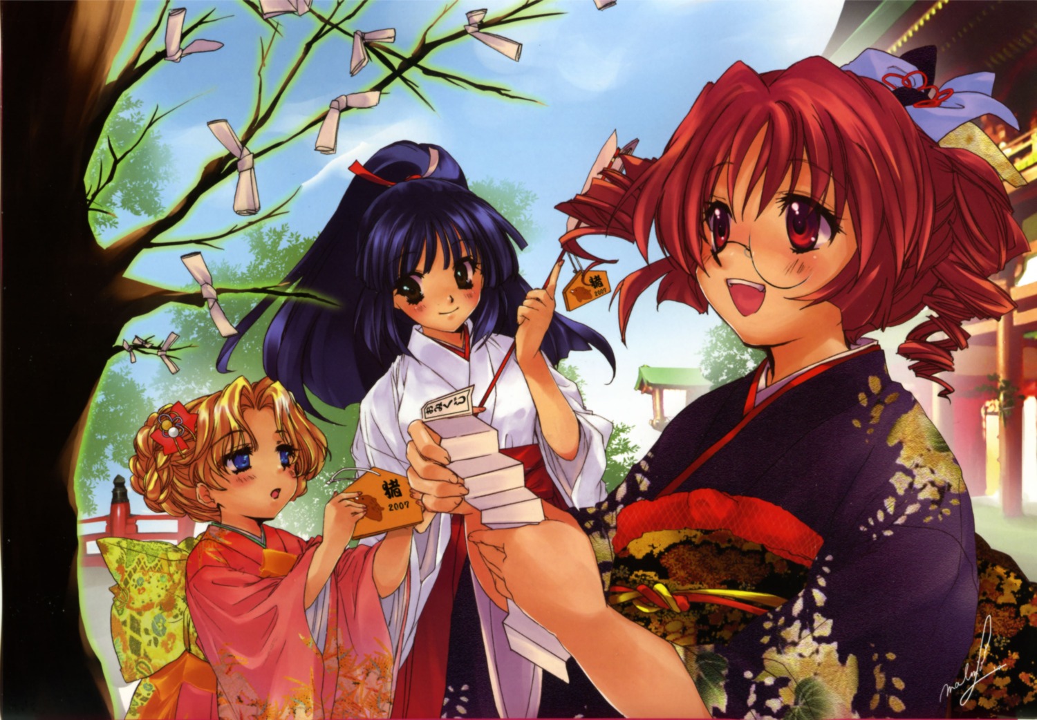 ema, hama-ya, kimono, malino, miko, omikuji