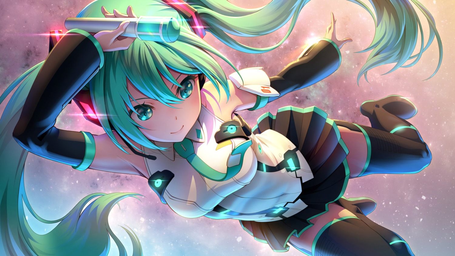hatsune_miku, headphones, pinakes, thighhighs, vocaloid, wallpaper