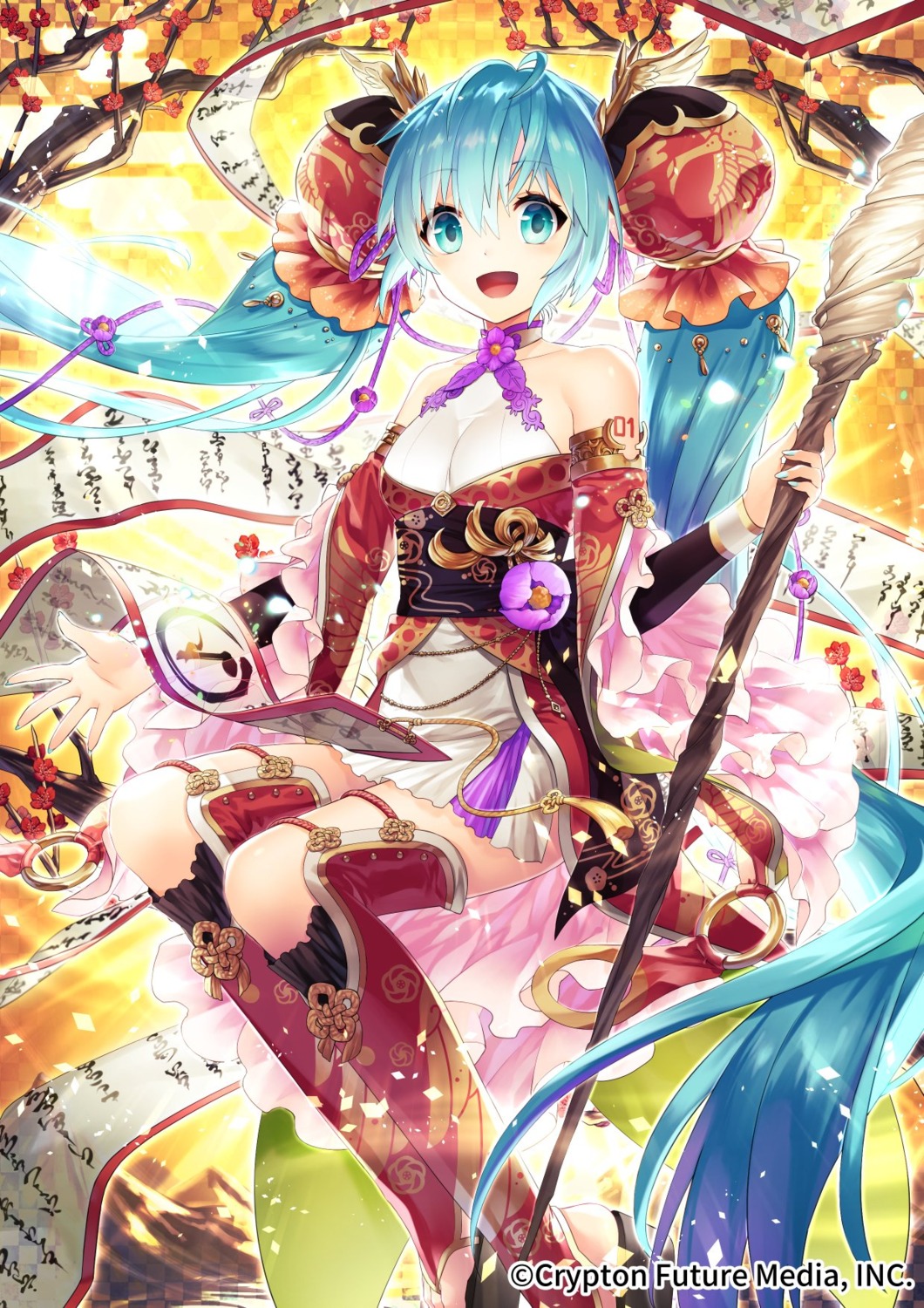 hatsune_miku, japanese_clothes, sakanahen, tattoo, thighhighs, vocaloid