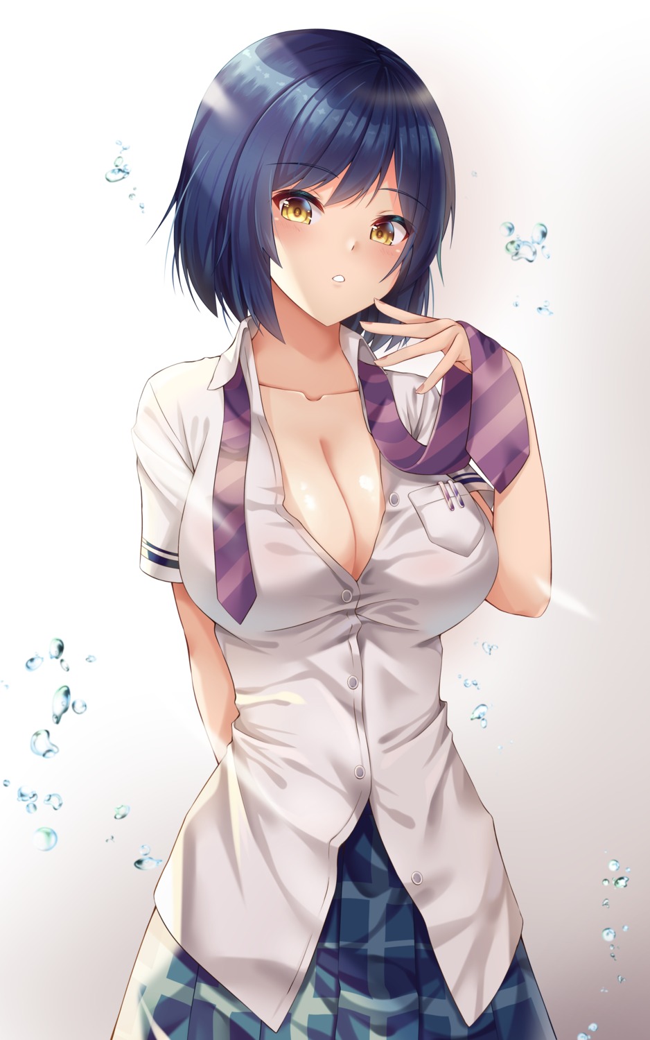 amagi_korona, cleavage, nijisanji, no_bra, open_shirt, seifuku, shizuka_rin