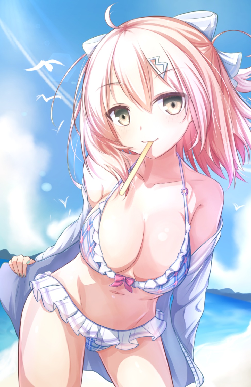 bikini, fate/grand_order, jiang_xin, okita_souji_(fate), open_shirt, swimsuits
