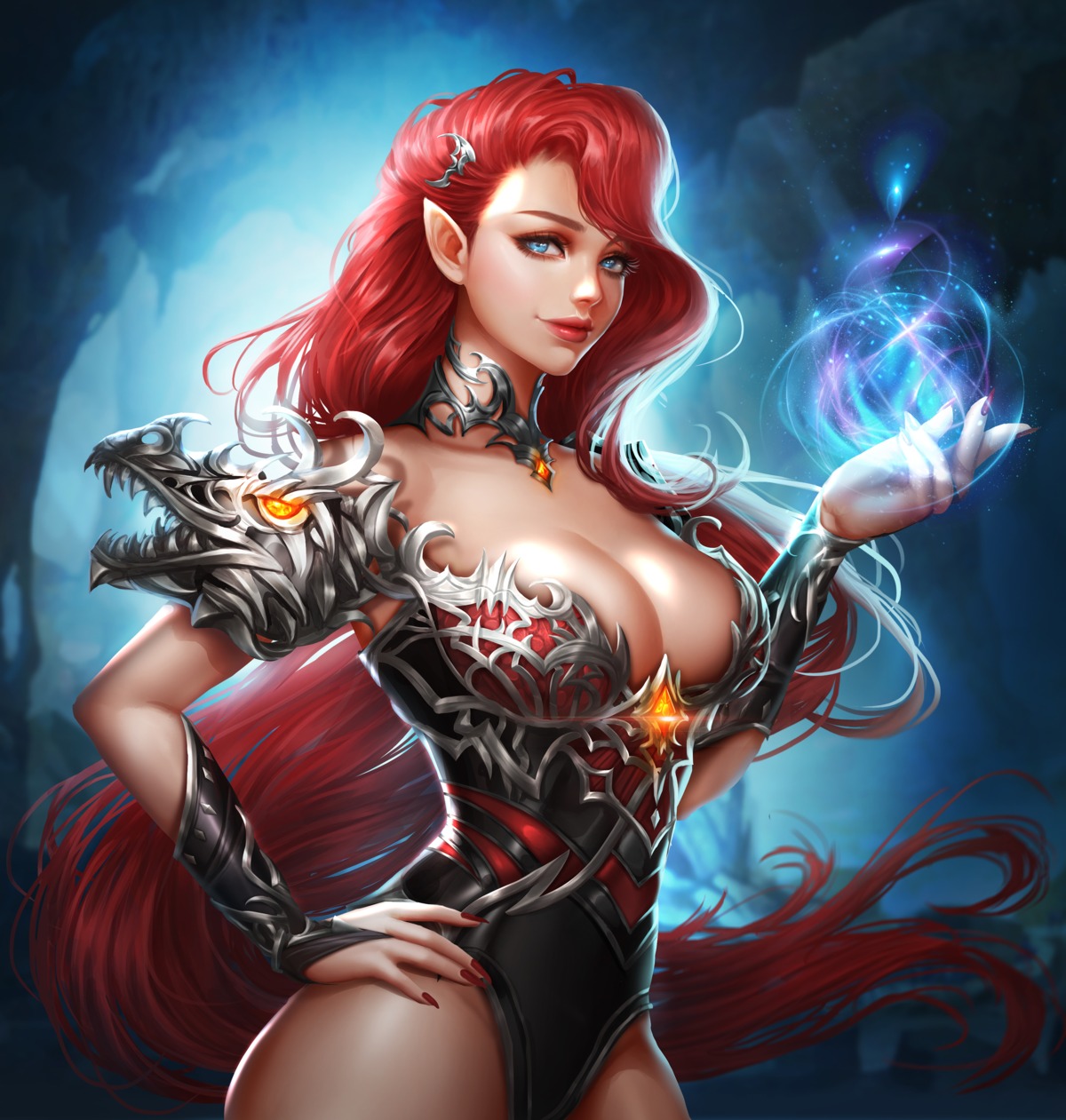 armor, cleavage, leotard, pointy_ears, rena_illusion