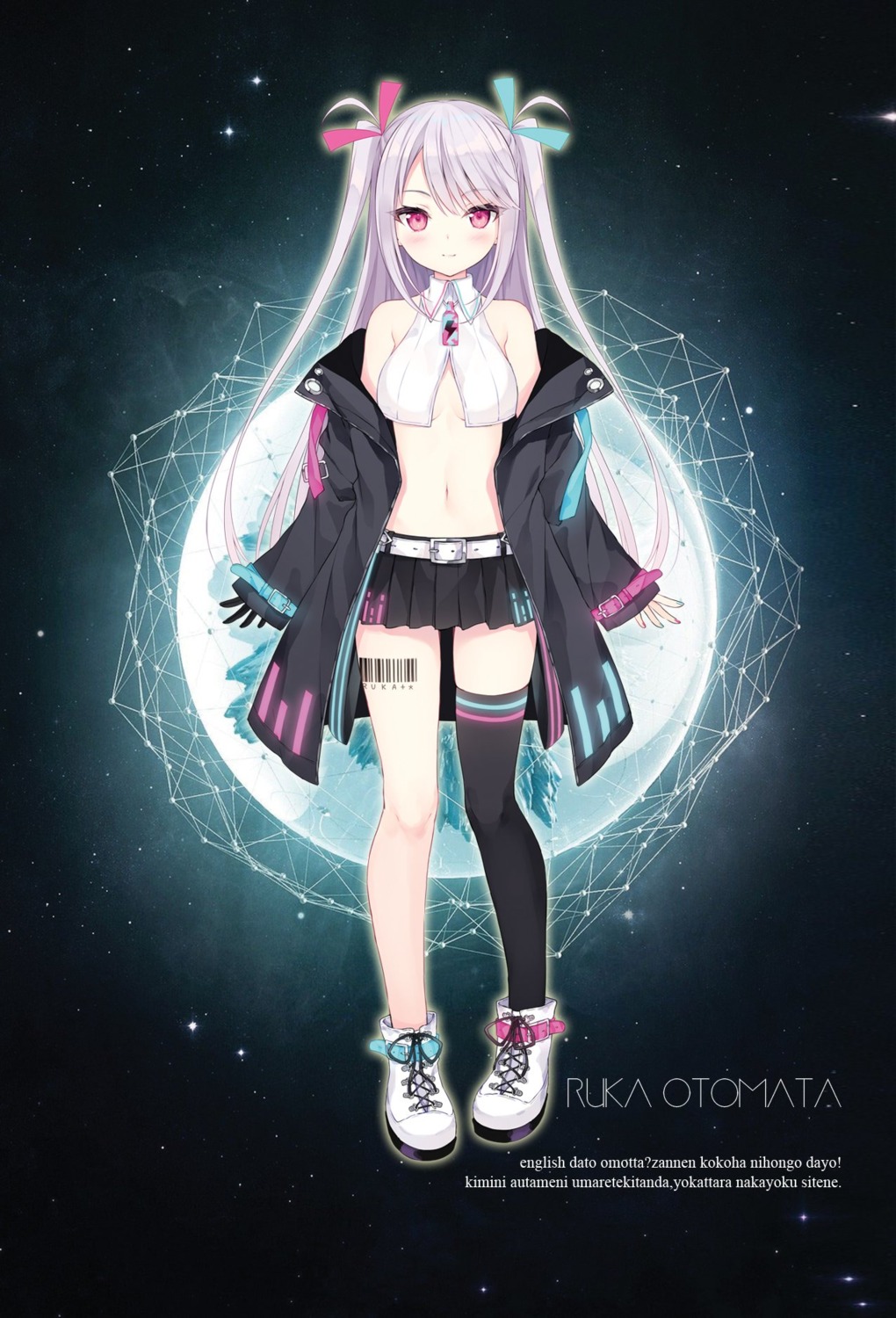 cleavage, no_bra, open_shirt, otomata_ruka, ruka_ch., rurudo, tattoo, thighhighs