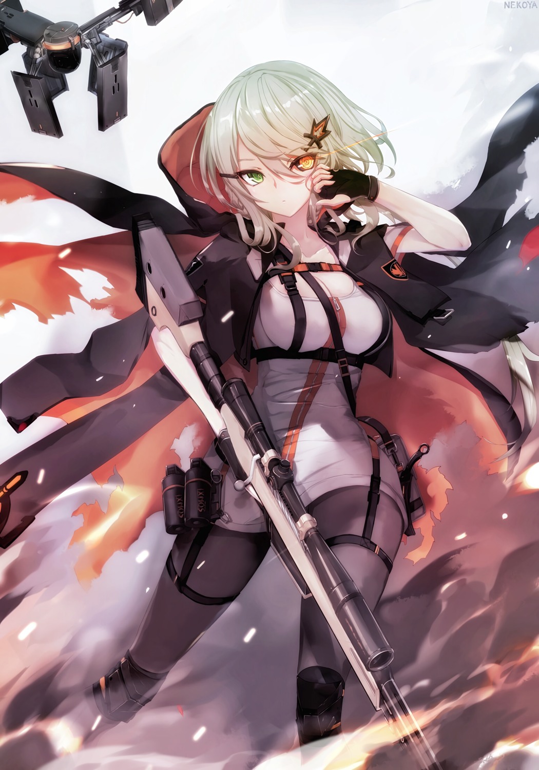 cleavage, garter, girls_frontline, gun, heterochromia, nekoya_(liu), pantyhose, tac-50_(girls_frontline)