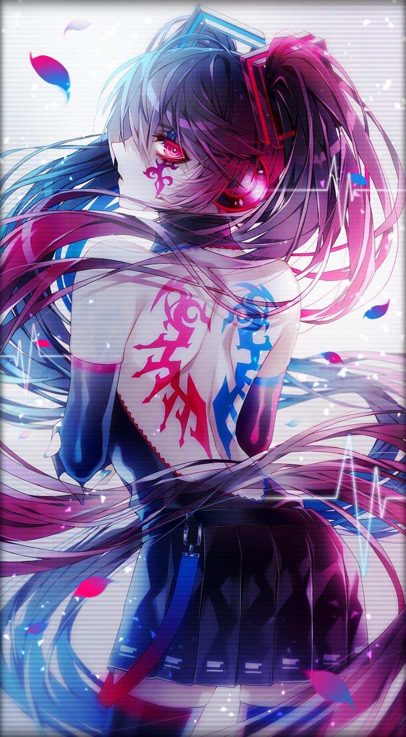 1055, dress, hatsune_miku, headphones, no_bra, tattoo, thighhighs, vocaloid