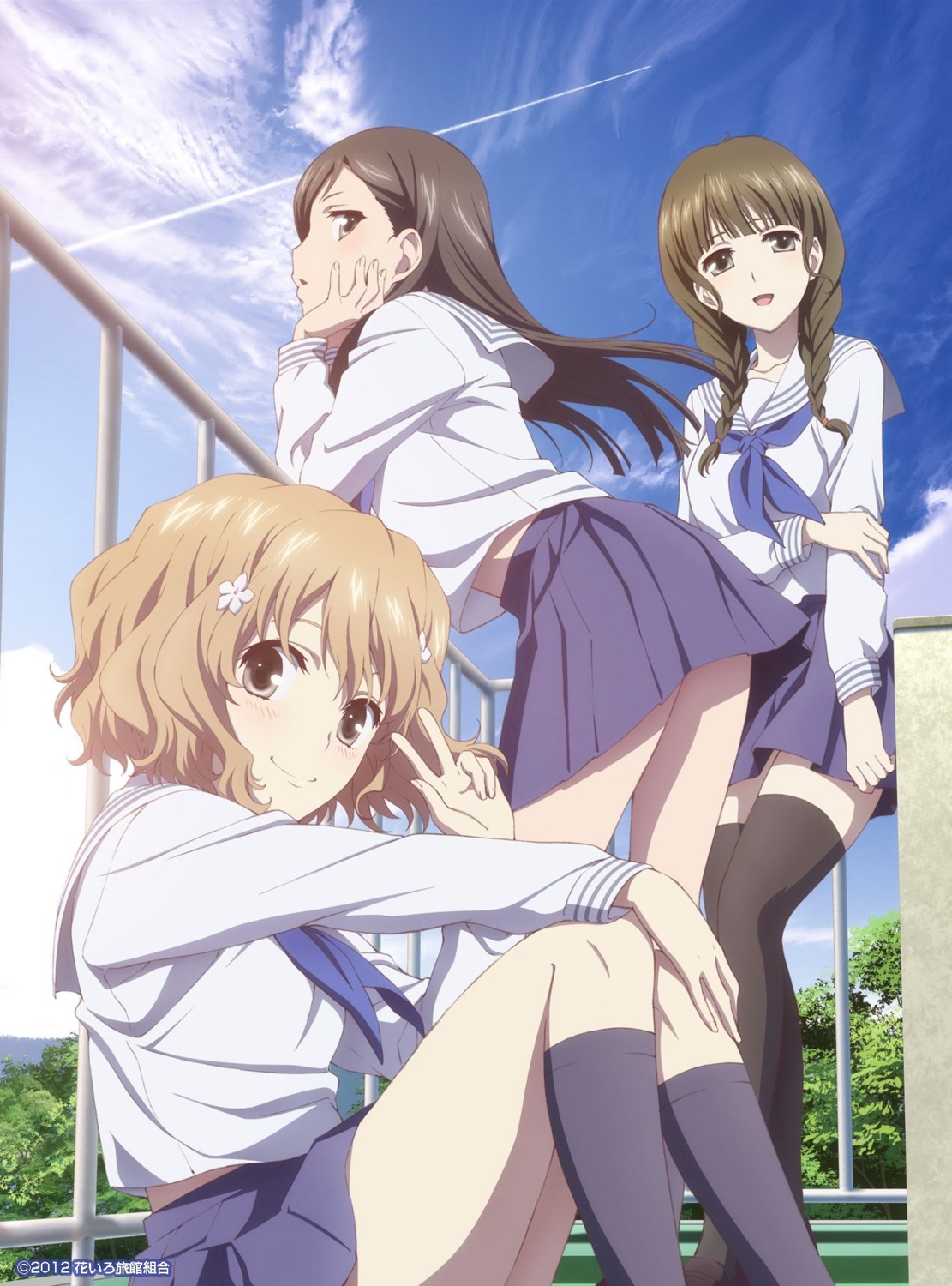 hanasaku_iroha, ishii_yuriko, matsumae_ohana, oshimizu_nako, seifuku, thighhighs, tsurugi_minko