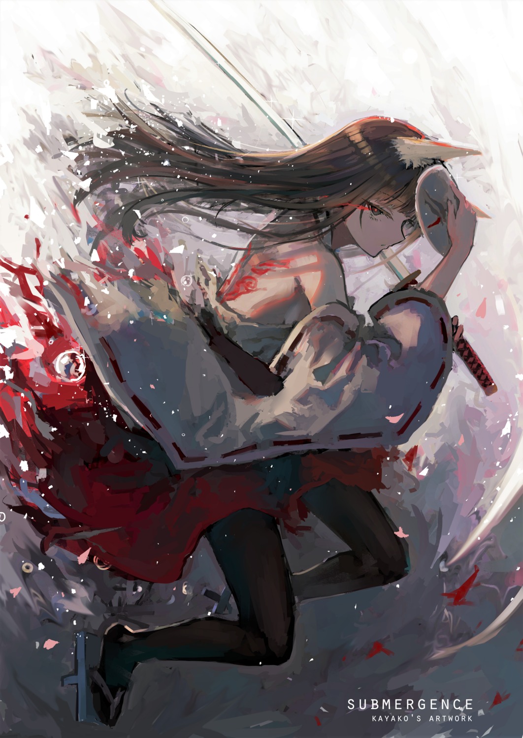 animal_ears, japanese_clothes, kayakooooo, pantyhose, sword, torn_clothes